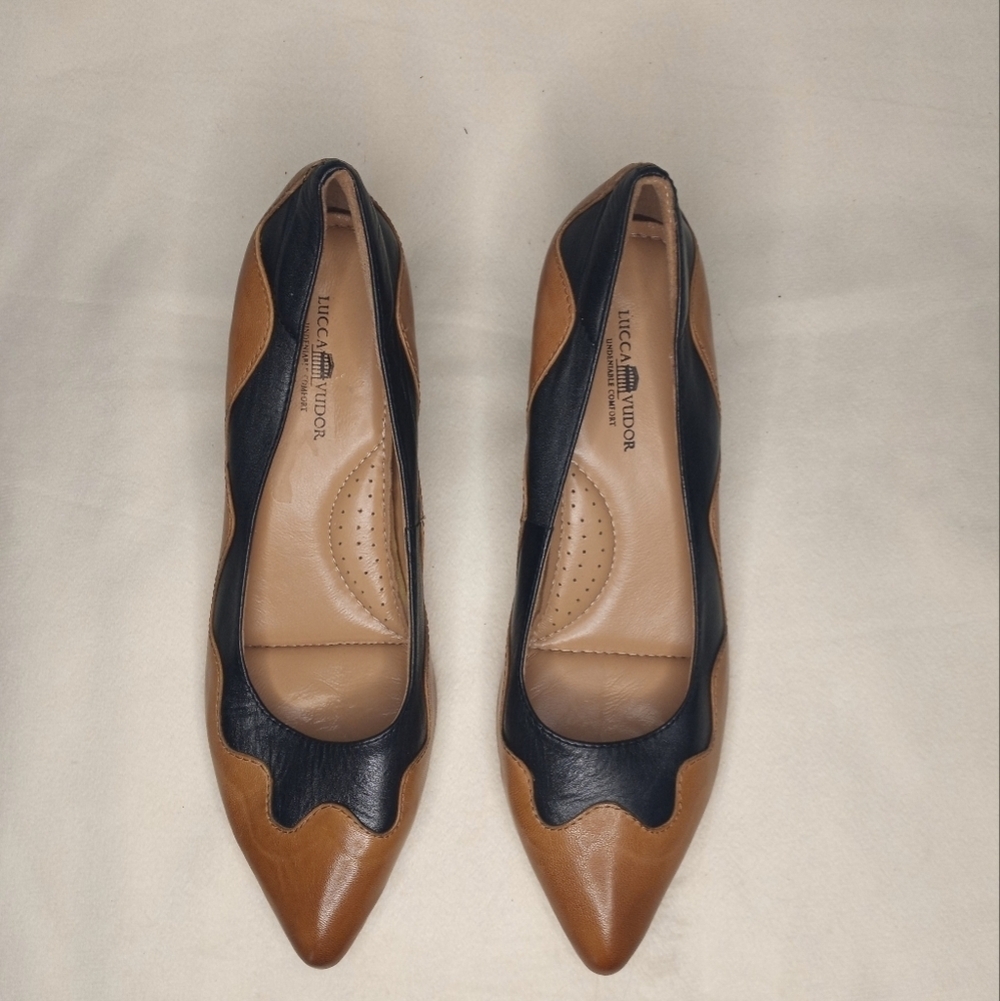 Lucca Vudor Italian Leather Tan Black Old Money Quiet Luxury Classic Low Heel 8